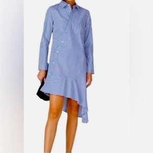 Koche Blue White Stripe Asymmetrical Button Down Shirt Dress Size 44